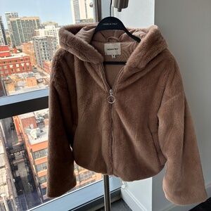 Brown Cropped Teddy Coat with Hood